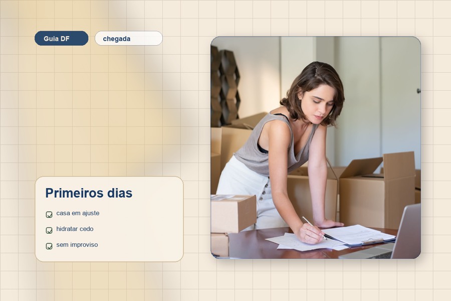Pessoa entre caixas, laptop e papéis organizando a chegada a Brasília com atenção à nova rotina.