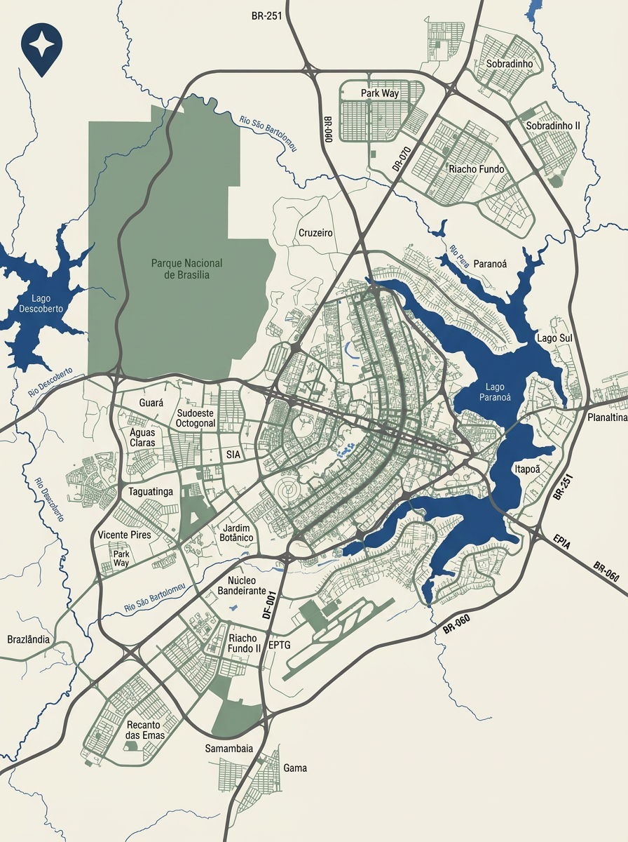 Mapa do Distrito Federal — o Plano Piloto e regiões como mapa de rota